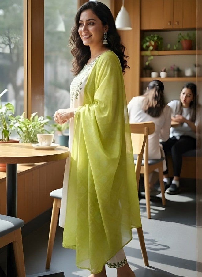 Women Basket HERE&NOW Women Ethnic Motifs Embroidered Regular Thread Work Pure Cotton Kurta with Trousers & With Dupatta - Image 4
